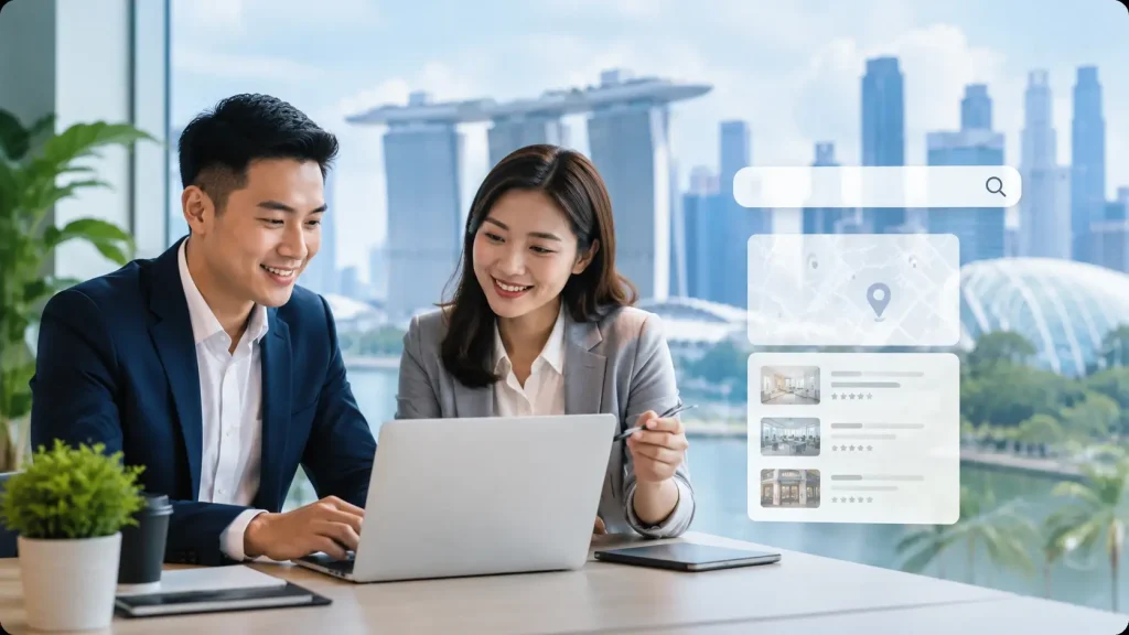 Two Singapore professionals browsing local business listings on a laptop with the Marina Bay skyline in the background.