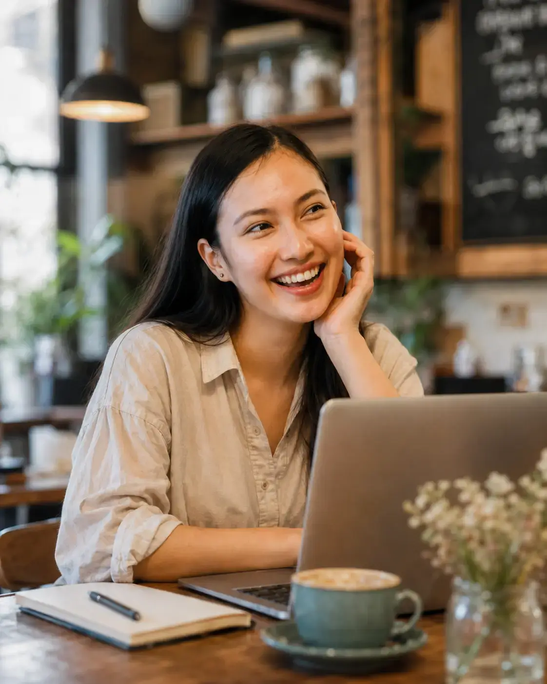 Singaporean Lady Smiling in a Cafe