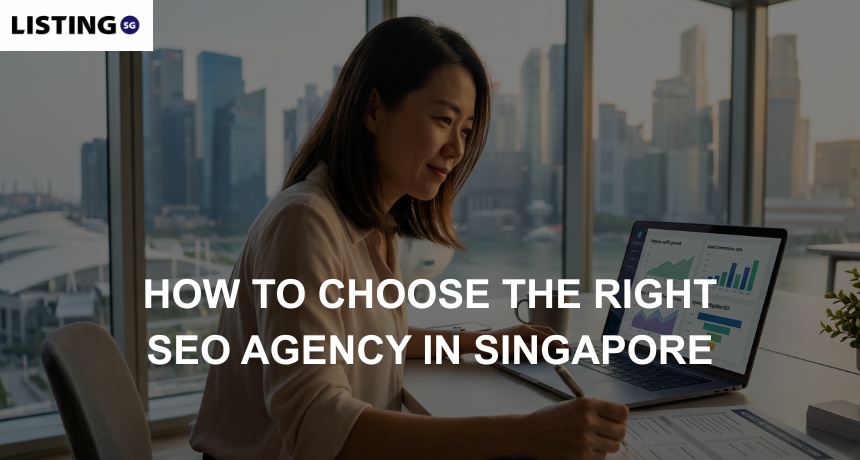 A calm businesswoman reviewing marketing charts on a laptop in a Singapore high-rise office overlooking the city skyline.